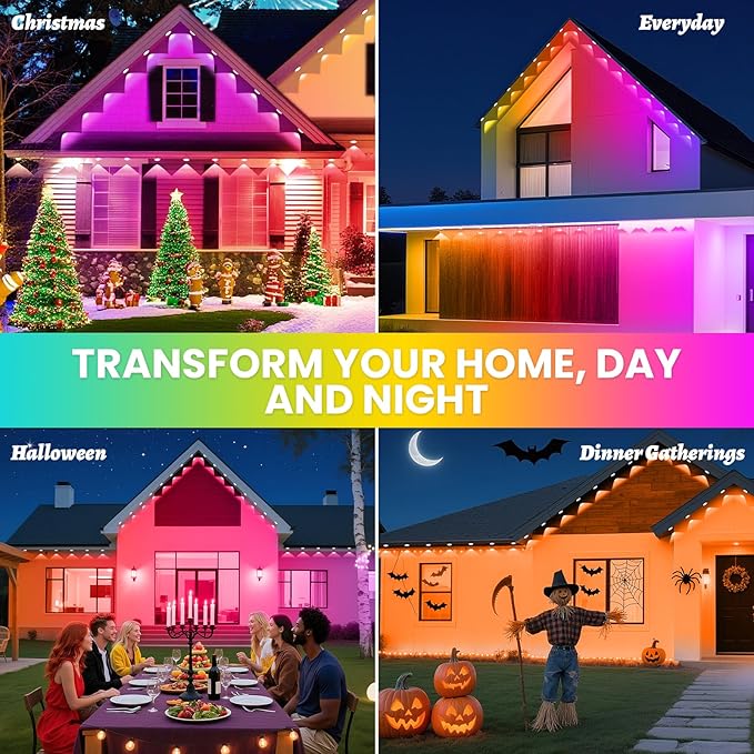 Permanent Outdoor Lights for House, 200 FT Color Changing String Lights with RGBIC & Bluetooth Remote, DIY via App for Music Sync, IP67 Waterproof Expandable LED Lights for Eaves, Patio, Lanai, Fence