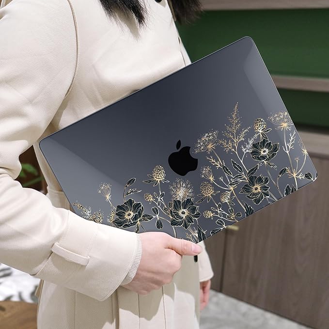 MEEgoodo for MacBook Air 13.3 inch Case 2021 2020 2019 2018 A2337 M1 A2179 A1932, Case for MacBook Air M1, Hard Shell with Keyboard Webcam Cover & Trackpad Film & Type C Adapter,Golden Flowers & Herbs