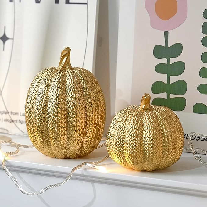 Pumpkin Fall Decor Indoor - Gold Pumpkin for Decorating, 2Pcs Resin Pumpkins Decor with Woven Effect, Thanksgiving Table Centerpiece, Fireplace, Autumn Harvest Party Decorations