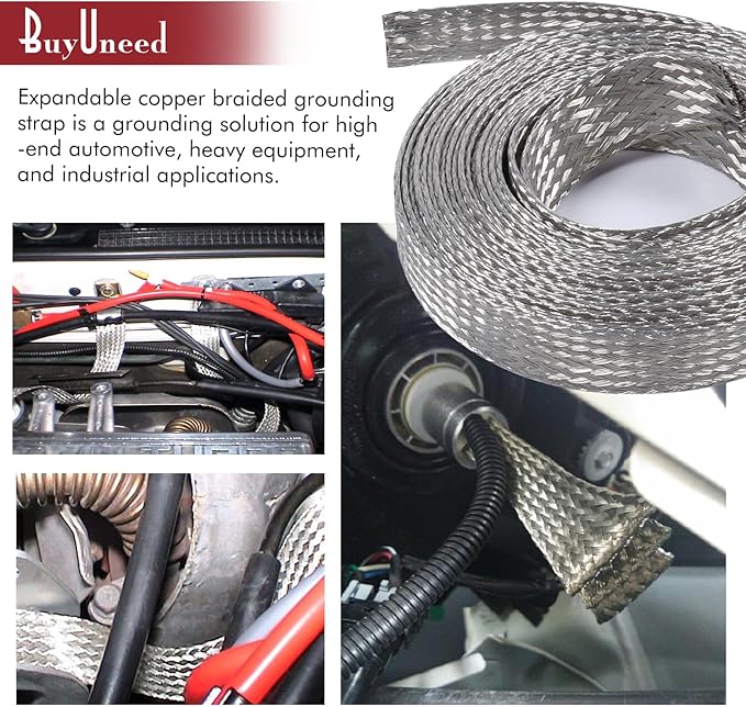 Tinned Copper Metal Braid Sleeving Wire Shielding Sleeve Braided Copper Ground Straps EMI/RFI Interference Expandable Flat Mesh Shielding Cable for Protect Wire (1/2inch-13ft)