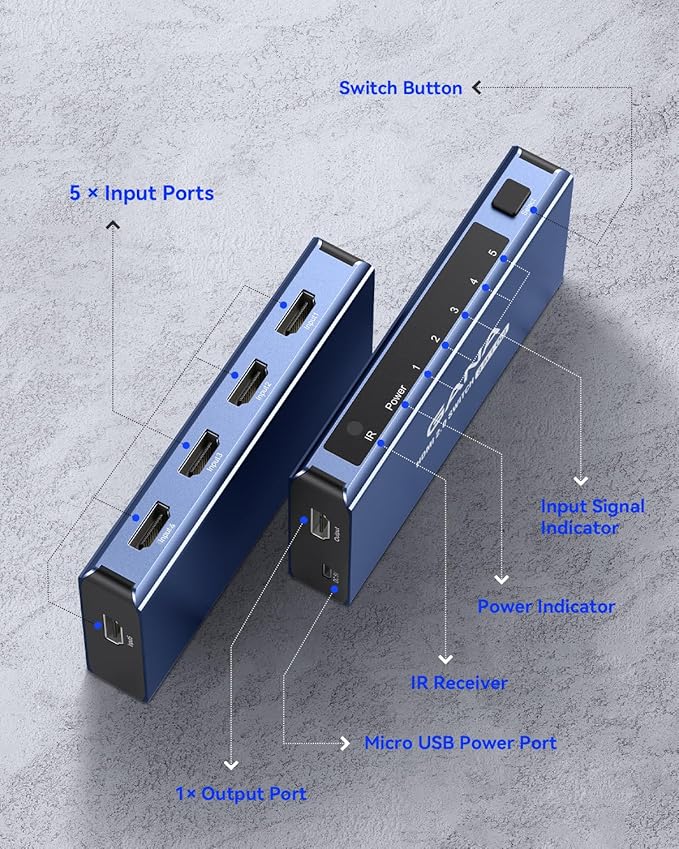 HDMI Switch 5 in 1 Out 4K@60Hz, GANA HDMI Splitter Switcher with Remote, Aluminum HDMI 2.0 Switch Box Hub for 3D, HDCP2.2, HDR, Compatible with Xbox, PS5/4/3,Fire Stick,Roku,Blu-Ray Player, Blue