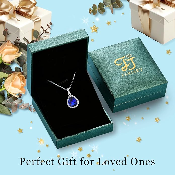 FJ Teardrop Pendant Necklace 925 Sterling Silver Birthstone Jewelry Gifts for Women