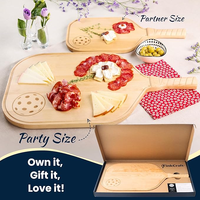 Pickleball Charcuterie & Cutting Board, Pickleball Gift, Party Size - 22.5 x 5.5 x 0.75”, Birch Wood, Paddle Shape with Handle, Mineral Oil Finish