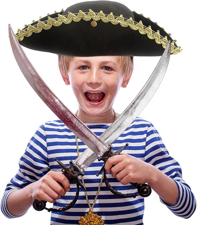 4 Pack Pirate Tricorn Hat Black Colonial Tri-Corner Hat with Gold Trimming for Pirate Theme Party Halloween Cosplay Masquerade Accessories