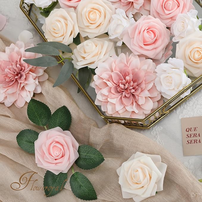 Floweroyal Artificial Pink Flowers Fake Rose Flowers Dahlia with Stems for DIY Wedding Bridal Bouquets, Baby Shower, Floral Arrangement, Table Centerpieces, Home Decorations.