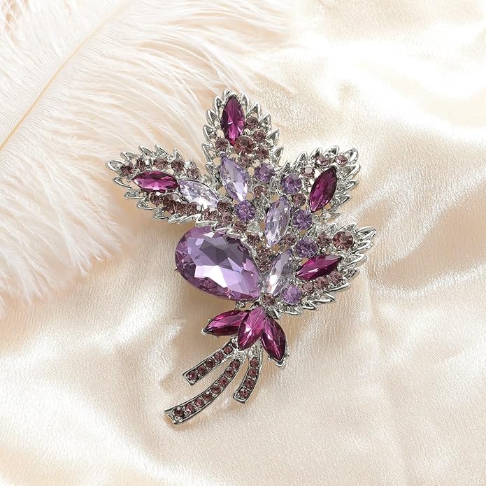 YOQUCOL Big Large Brooch Pin Austrian Crystal Leaf Shape Bouquet Rhinestone Scarf Decoration Wreath Cloth Brooches Pins For Women Girls