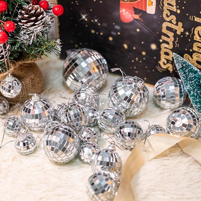 Mini Mirror Disco Ball Ornaments: Hanging Disco Ball Silver Party Decorations Set 60 Pack - Small Mirror Balls Decor for Wedding Christmas Birthday Cake Topper (1.2 Inch)