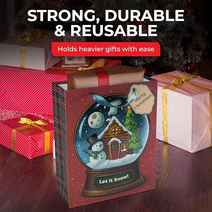 RACHELLE'S Snow Globe Christmas Gift Bags – Medium 13"x10"x4" (2-Pack) – Sturdy Paper Gift Bags with Tissue Paper, Tag and Handle – Let It Snow – Perfect for Christmas Holiday Gifting & Party Favors