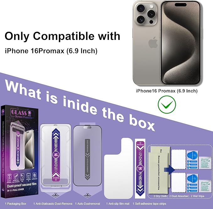 2 Pack Matte Screen Protector for iPhone 16 Pro Max, 9H Tempered Glass, Full Coverage, Anti-Fingerprint, Auto Dust-Elimination, No Bubble, Easy Installation