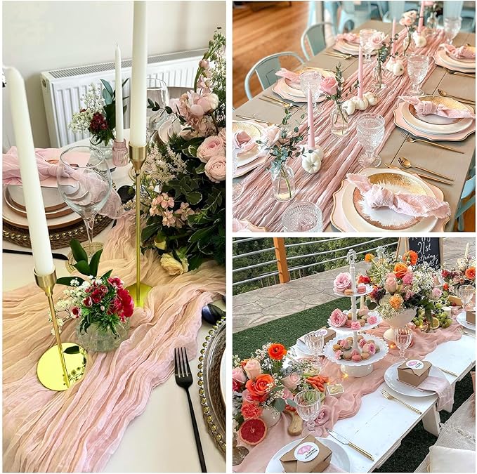 RestfulGlow12 Pack Blush Pink Cheesecloth Table Runner 10FT Boho Gauze Fabric Table Runner 35 x 120 Inch Rustic Sheer Runner for Centerpiece Wedding Birthday Baby Shower Party Boho Table Decoration