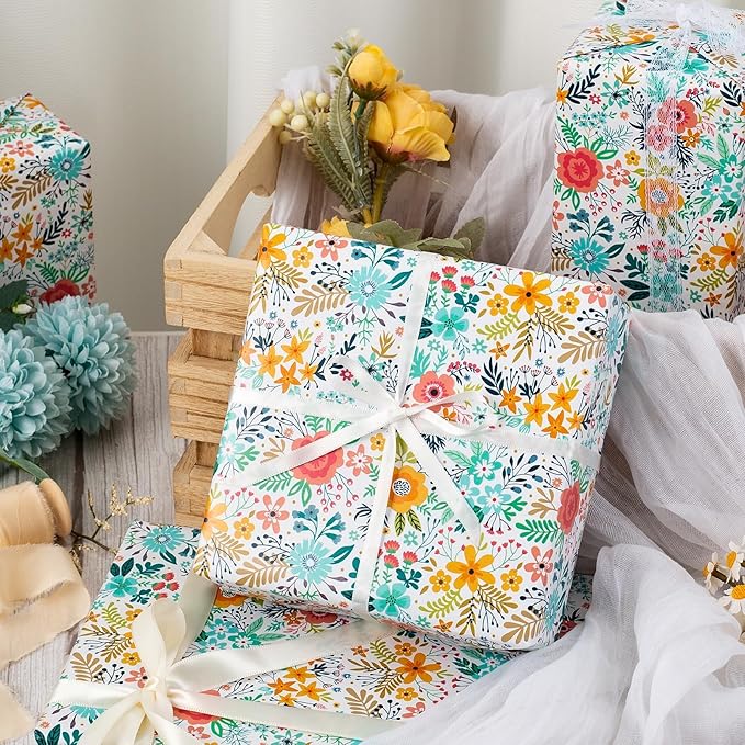 MAYPLUSS Floral Wrapping Paper Roll - 17Inch x 16.5Feet - Garden Boho Flower Gift Wrap Paper Spring Summer Blooms Paper for Wedding, Bridal Shower, Birthday and Engagement