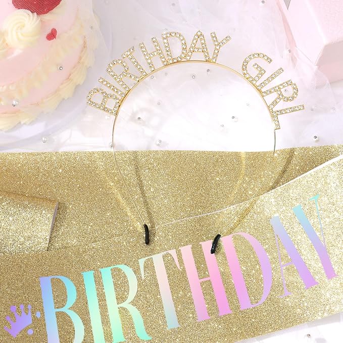 CAVETEE Birthday Girl Crown and Sash, Princess Tiara Happy Birthday Headband Party Accessories for Women and Girls