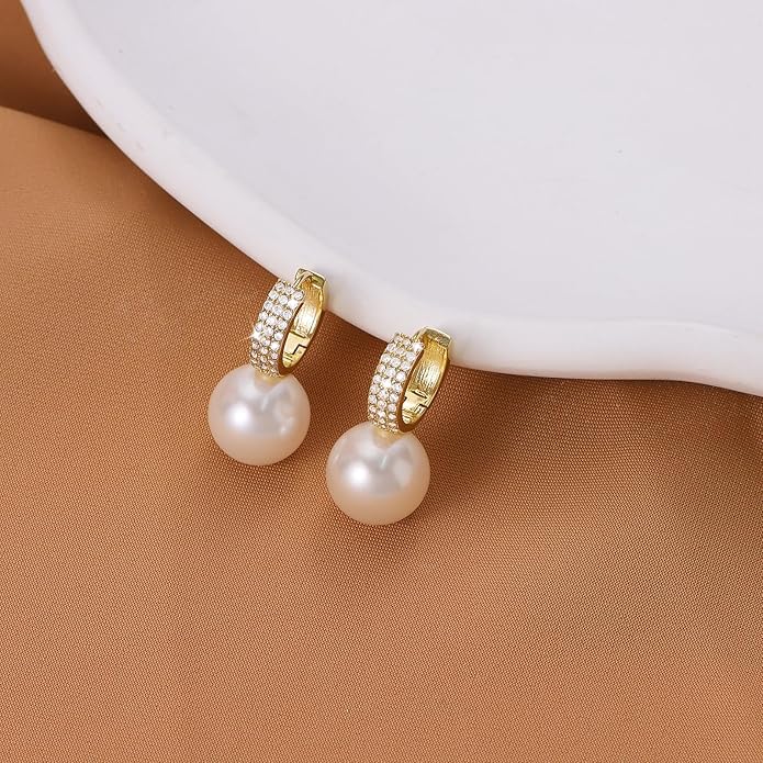 Pearl Earrings for Women 14K Gold Plated Hypoallergenic Pearl Earrings 5A Cubic Zirconia Dangle Earrings Elegant Jewelry