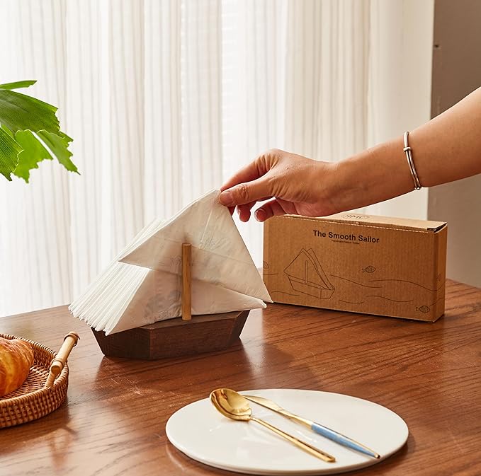 HMC Wooden Sailboat Napkin Holder – The Smooth Sailor Nautical Tabletop Dispenser for Coastal Home & Kitchen Décor, Durable Wooden Construction
