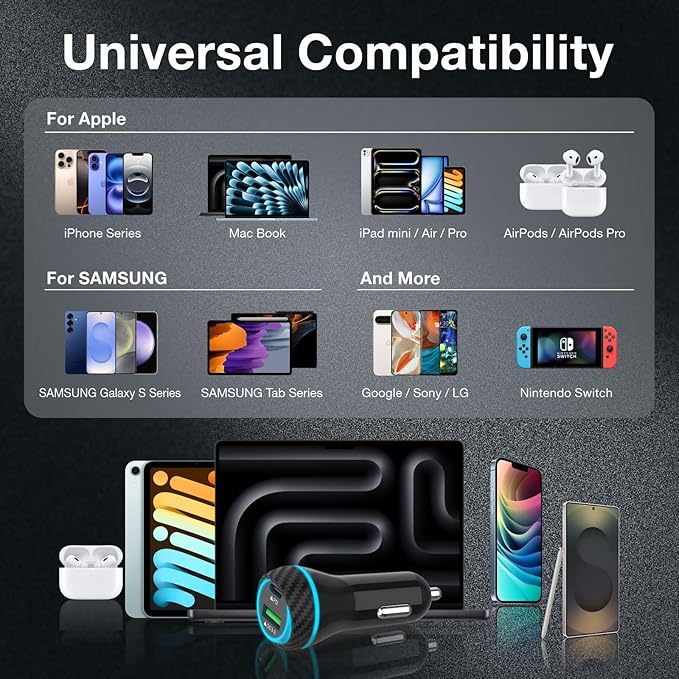 MOCA 51W QC 3.0 Fast Charging W/ 2pcs 3.3ft A-P/C-P Cable Car Charger for iPhone 16/15/14 Pro Max/Plus/16e, iPad, Samsung Galaxy S25/S24/S23 Ultra, Pixel, Android, PD/QC Car Phone Adapter Accessories