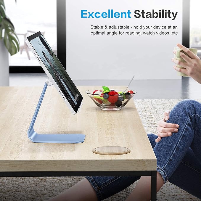 OMOTON Adjustable Tablet Stand for Desk, Upgraded Longer Arms for Greater Stability, T2 Tablet Holder with Hollow Design for Bigger Sized Phones and Tablets Such as iPad Pro/Air/Mini, Blue