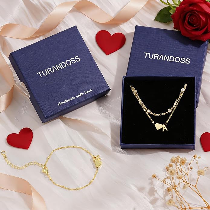 Turandoss Valentines Day Gifts for Kids Teen Girls - Dainty 14K Gold Plated Layered Heart Letter A-Z Charm Bracelet Stack Mom Daughter Jewelry Birthday Valentines Day Gifts for Girlfriend Wife