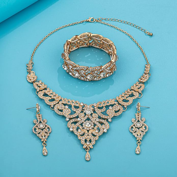 Silver Gold Plated Wedding Jewelry Sets Bridal Necklace Rhinestone Earrings Bracelets