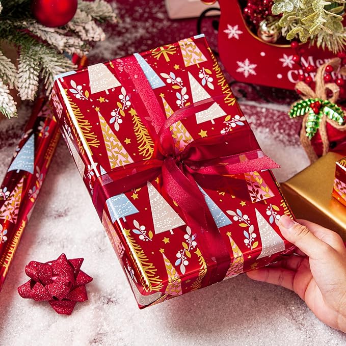 MAYPLUSS Christmas Wrapping Paper Roll - 17IN X 33FT - Christmas Gift Wrapping Paper Featuring Triangle Tree Against Red Reversible Gold for Kids, Holiday, New Year