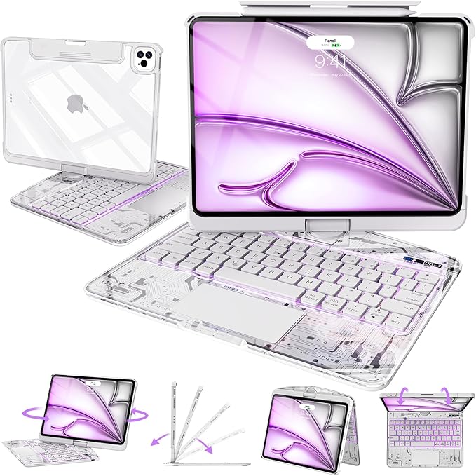 Intermerge Clear Keyboard Case for iPad Pro 11" (M4) 2024 Only, 360° Swivel Multi-Touch Trackpad, 7-Color RGB Backlit, Pencil Holder, Type-C, Power Indicator, Frost Pulse