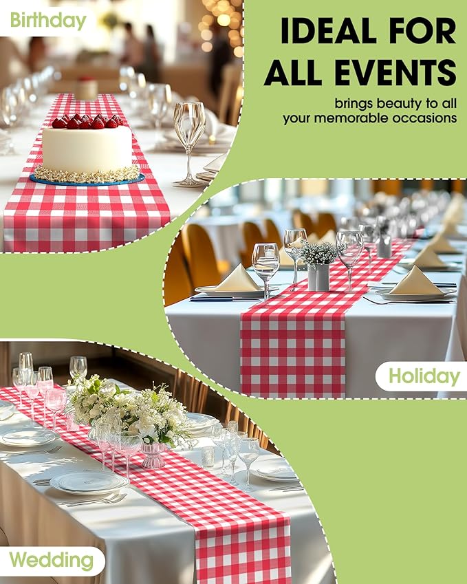 Pureegg Gingham Plastic Table Runners - 12 Pack, 14'' x 108'', Water Resistant & Disposable Plaid Centerpiece Decorations for Table Cloth, Birthday, Holiday, Party, Red and White Checkered Home Decor