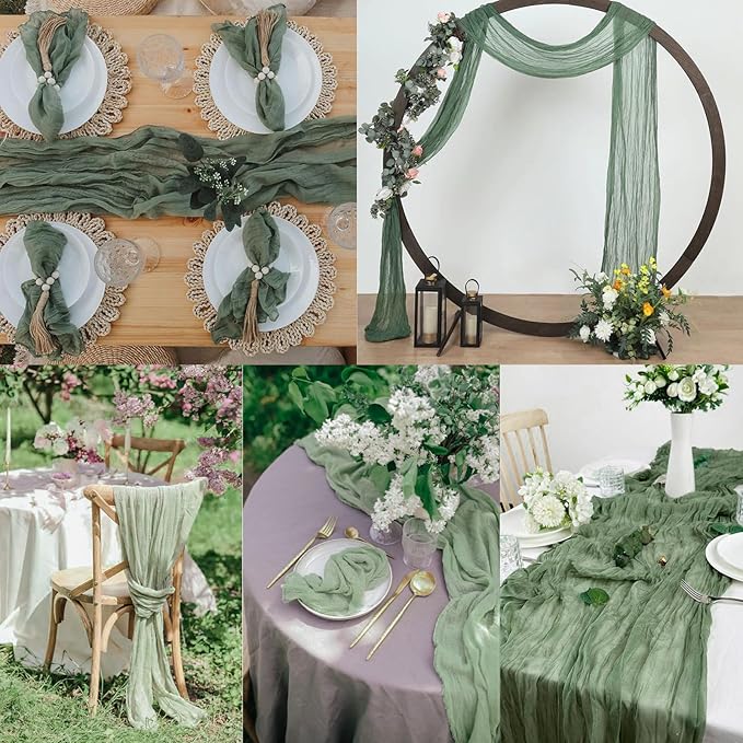 12 Pack Sage Green Cheesecloth Table Runner 10FT Boho Gauze Fabric Table Runner 35 x 120 Inch Rustic Sheer Runner for Centerpiece Wedding Decor Party Boho Table Decoration(Sage Green)