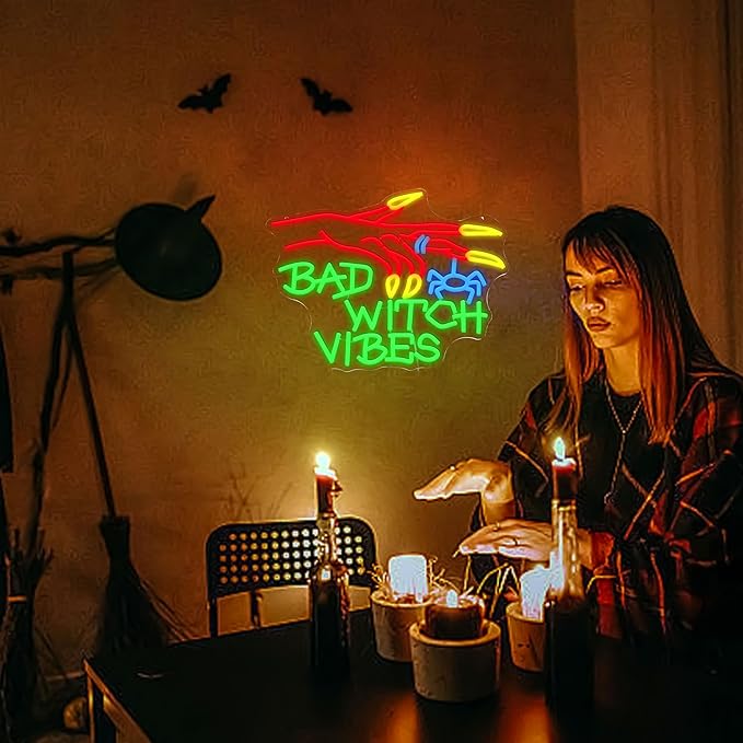 Bad Witch Halloween Neon Sign for Party Gothic Witch Hand Neon Light Scared Spider Light Up Sign for Halloween Christmas Bedroom Haunted Mansion House Club Witch fans(16.5 * 12.5in)