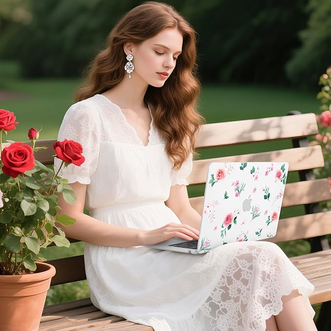 Batianda Premium Case for New MacBook Air 15 inch 2025 M4 2024 2023 with M3 M2 Chip, Floral Designed Protective Plastic Hardshell & Keyboard Cover & Screen Protector, Spring Flowers, Peach Rose