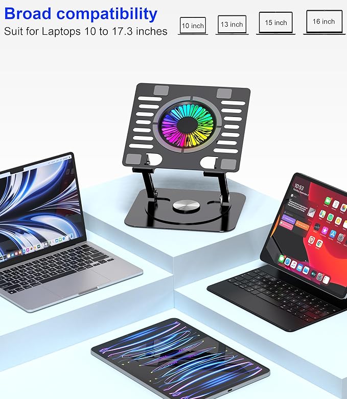 Laptop Stand,with 360°Rotating Base,External Cooling Fan,Adjustable RGB Lighting,Ergonomic Foldable Notebook Computer Holder.Compatible with All 10-17" Laptops Tablets,Black