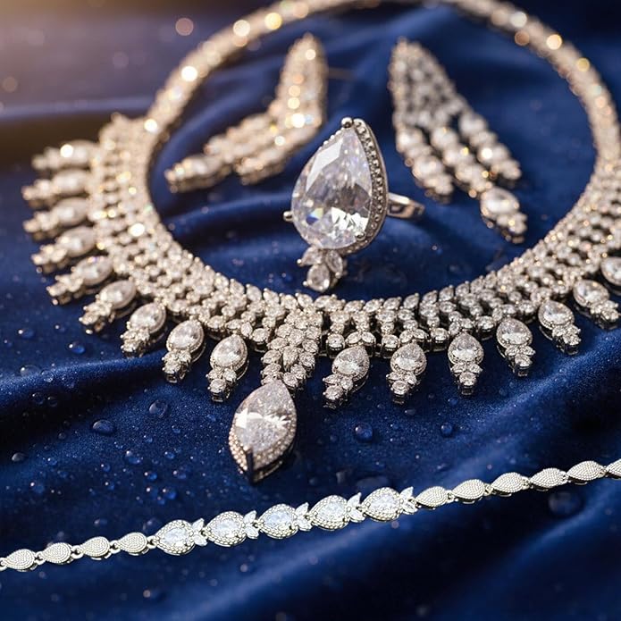 Rhinestone Wedding Bridal Jewelry Set Women's Prom-Style Necklace, Earrings, Bracelet, Ring Bridesmaid Gift Pairs with Evening Gown