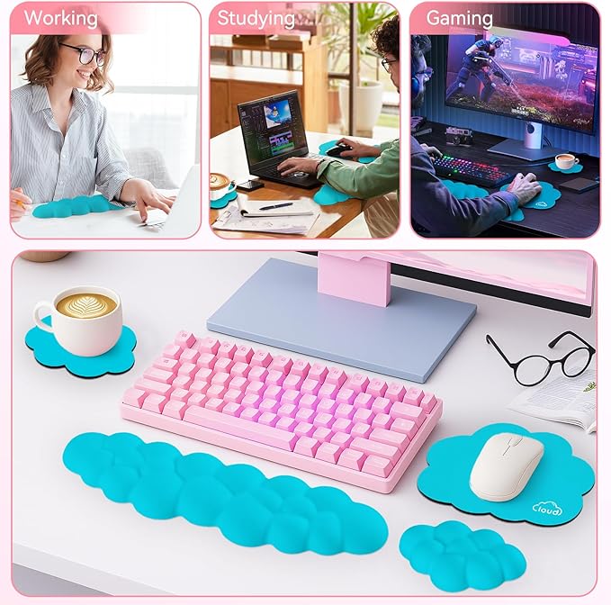 Cloud Wrist Rest for Computer Keyboard, 4-in-1 Memory Foam Leather Cloud Keyboard Wrist Rest and Mouse Pad Set with Ergonomic Support for Arm and Palm Cushion, Gaming/Work Setup, Scuba Blue