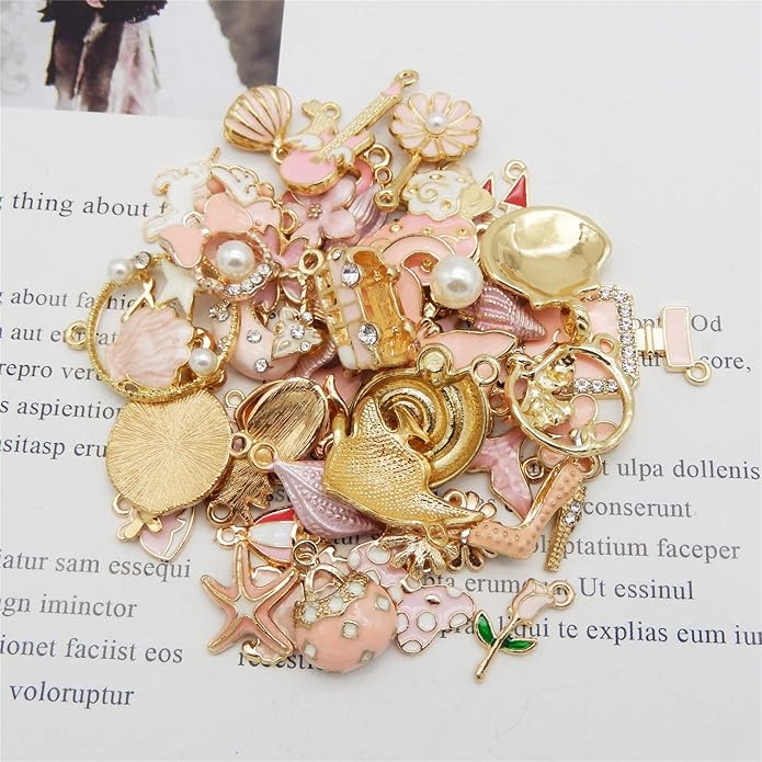 40pcs(20PAIRS) Assorted Gold Tone Enamel Animals Fruit Moon Star Dainty Dangle Flowers Pendants Charms for Jewelry Making Necklace Bracelet, Pink Theme