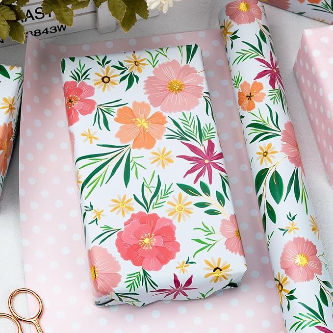 MAYPLUSS Flower Wrapping Paper Roll, Gold Design Floral Gift Wrap For Mothers Day, Wedding, Bridal Shower, Birthday, 17 Inch x 33 Feet