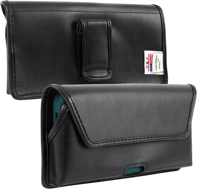 Turtleback Belt Holder for iPhone 16 Pro, 16e, 15 pro 14 Pro 13 Pro -Small- Fits w/Slim MagSafe Style Cases, Premium Black Leather Horiz. Belt Holster, Magnetic Closure, Leather Wrapped Belt Clip
