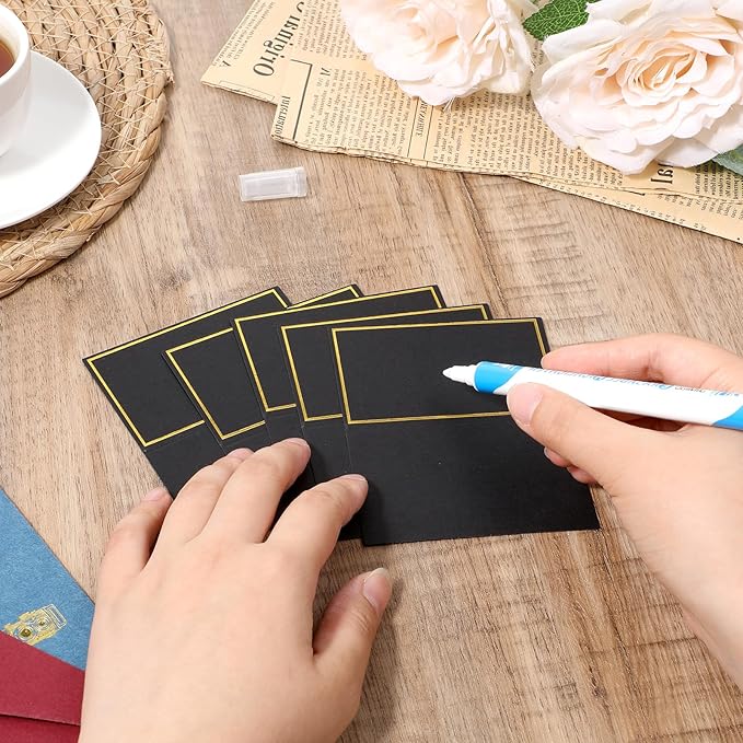 50Pcs Place Cards, Table Name Cards with Gold Foil, Place Card for Table Setting Food Labels for Party Buffet, Wedding Places Card Tent Carded for Dinner Parties,Events, Bridal Shower(Black)