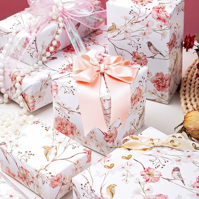 MAYPLUSS Gift Wrapping Paper Roll - Romantic Watercolor Pink Flower and Birds Design Gift Wrap Paper for Wedding, Bridal Shower, Mother’s Day, Valentine's Day, Birthday, Anniversay (17 Inch X 33Feet)