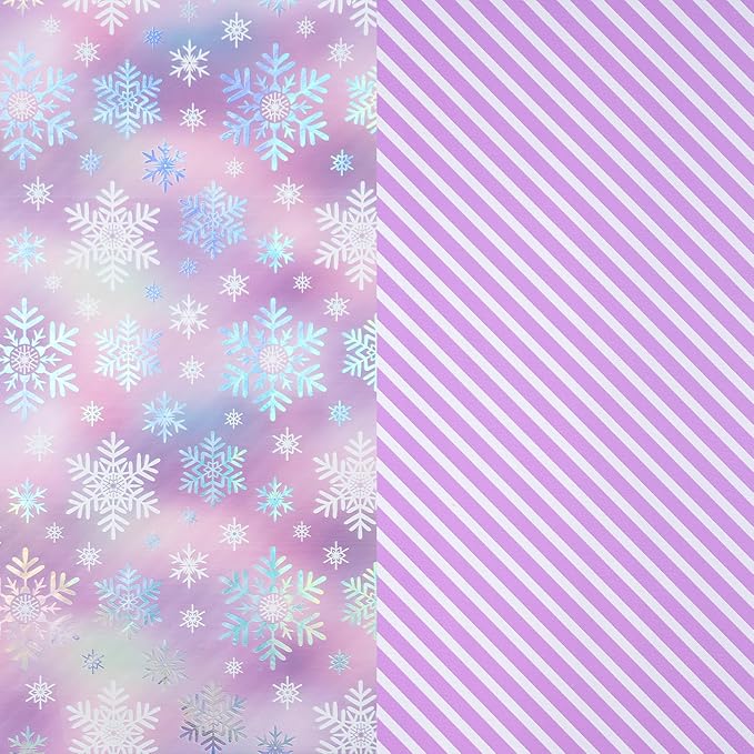 RUSPEPA 30" X 32.8' Reversible Christmas Wrapping Large Paper Roll, Jumbo Roll, Colorful Foil Pastel Snowflake Design and Purple Stripes Dreamy Gift Wrap for Girls, Women, Family, Xmas Holiday Gifts