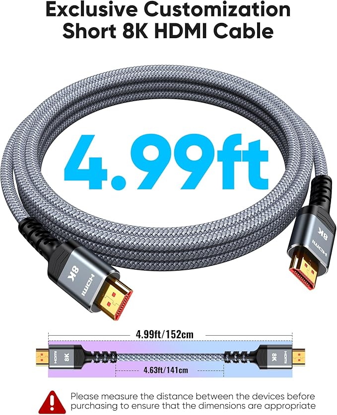 Highwings 8K HDMI Cable 4.99ft Total Length, 4.63ft Cable Length, Ultra High Speed HDMI Braided Cord-4K@120Hz, 8K@60Hz,eARC, Compatible for PS5,Monitor,PC and More