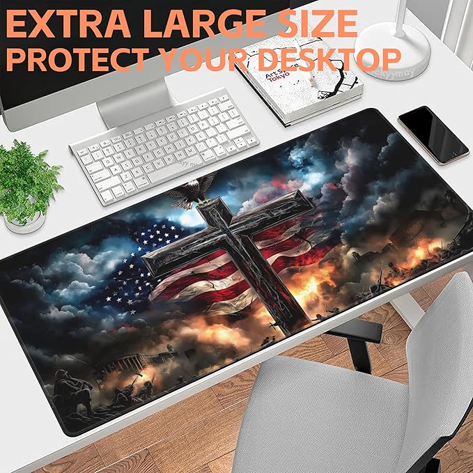 Mouse Pad Large A Cross with an Eagle Non-Slip Game Desk Mat with Stitched Edge Laptop Keyboard Desk Pad for Work Home Gaming (35.4 x 15.7 Inches)