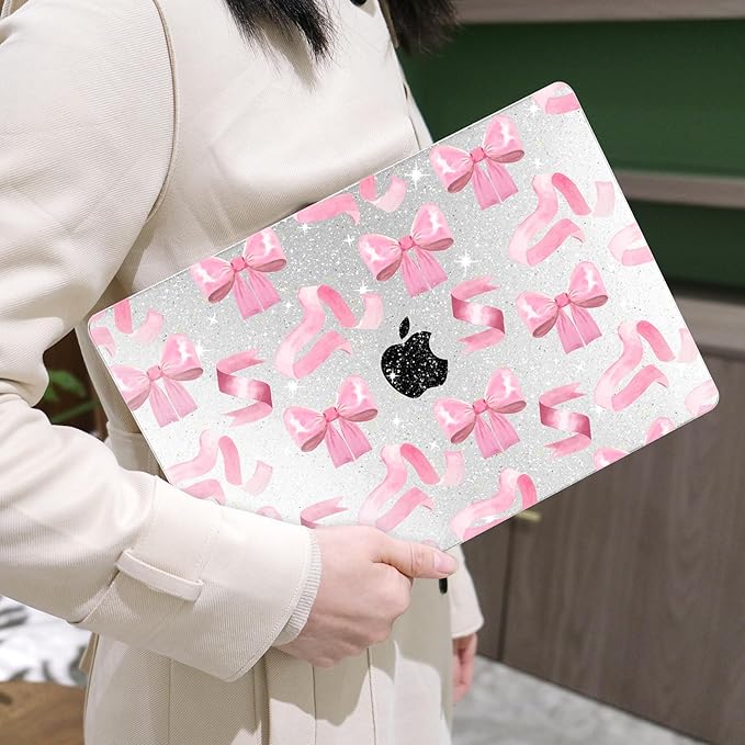 MEEgoodo for MacBook Air 13.3 inch Case 2021 2020 2019 2018 A2337 M1 A2179 A1932, Laptop Shell for MacBook Air M1 with Keyboard Webcam Cover & Trackpad Film & Type C Adapter,Pink Satin Bow