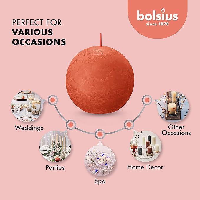 BOLSIUS 3 Pack Orange Rustic Ball Pillar Candles - 3 Inch - Premium European Quality - Includes Natural Plant-Based Wax - Unscented Dripless Smokeless 25 Hour Party Décor and Wedding Candles