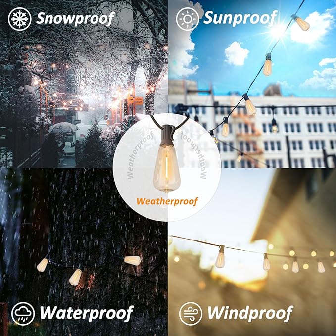 300FT Edison String Lights Outdoor Waterproof with 150+6 Extral LED Shatterproof ST38 Edison Bulbs 2200K for Outside Patio Pergola Backyard Bistro Lights, 3 x 100FT Connectable