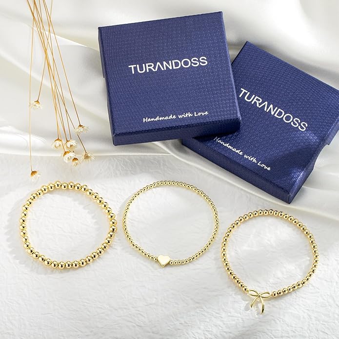 Turandoss Gold Bracelets for Women - Dainty 14K Gold Plated Bow Cross Beaded Bracelets for Women Stackable Heart Bead Bracelet Set Wave CZ Round Ball Bracelet Valentine's Day Gifts for Her