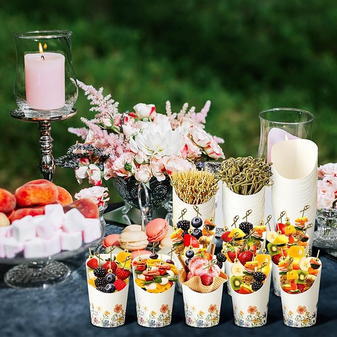 Tioncy 250 Pcs Charcuterie Cups with Cocktail Picks Sets, Bridal Shower Decoration 50 Charcuterie Cups with 200 Sticks for Wedding Baby Shower Floral Boho Witch Party Decorations(Colorful,Wildflower)
