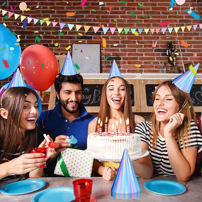 100PCS Iridescent Party Hats, Laser Themed Birthday Party Hat Partys Cone Hat with Elastic String Bulk Partys Hats for Kids and Adults, Colorful Birthday Hatss