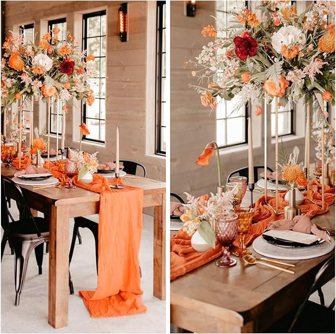 6 Pack Fall Table Runner Orange Cheesecloth 10FT Boho Gauze Fabric Table Runner 35 x 120 Inch Rustic for Thanksgiving Wedding Decor Holiday Party Boho Decoration(Orange)