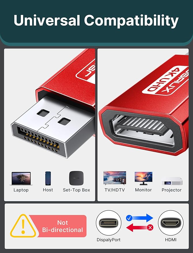 JSAUX 4K DisplayPort to HDMI Adapter 1Pack, DP PC to HDMI Monitor Converter Video UHD 2K@120Hz,4K@30 DP to HDTV Male to Female Uni-Directional Adapter Compatible with Dell, Lenovo, HP,GPU, AMD -Red