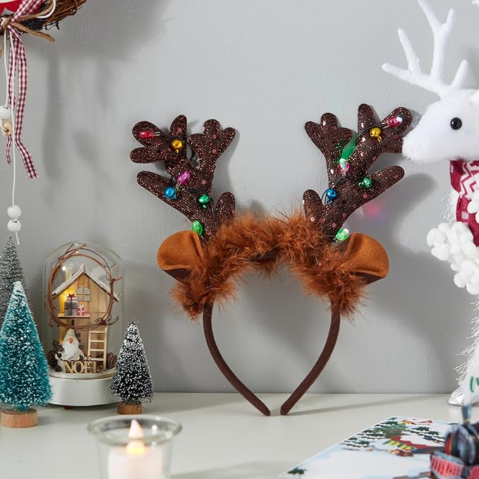 JOYIN Christmas Light Up Headband, Cute Reindeer Headband with LED Bulbs for Adult Kids Party Favor Supplies Xmas Accessories Christmas Holiday