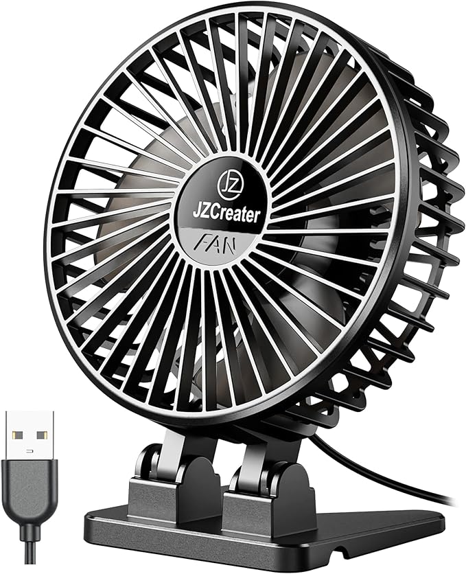 JZCreater USB Desk Fan, Mini Portable, 3 Speeds - Quiet Personal Cooling Fan for Home Desktop Office Travel Bedroom, Deep Black (2Pack)