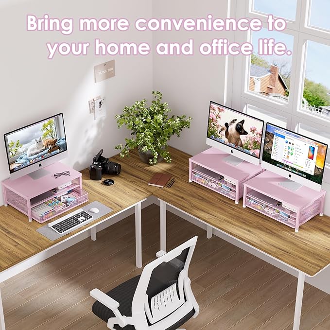 Desk Organizers and Accessories, 2-Tier Computer Monitor Stand Riser with Drawer, Laptop Stand, Office Desk Accessories, Workspace Desktop Organizer for Office Supplies, Pink